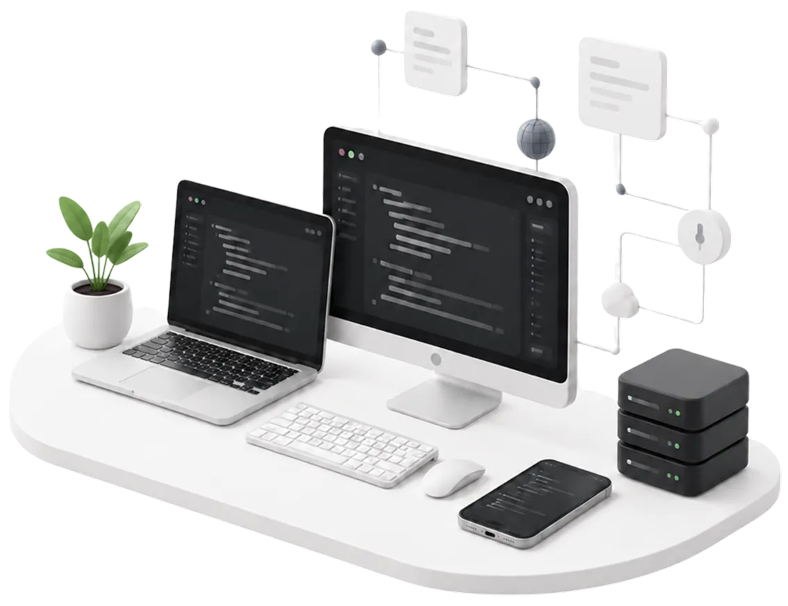 3D illustration of a developer workspace — a laptop and monitor showing code, a keyboard and mouse, a smartphone, a stack of servers, and a potted plant on a desk